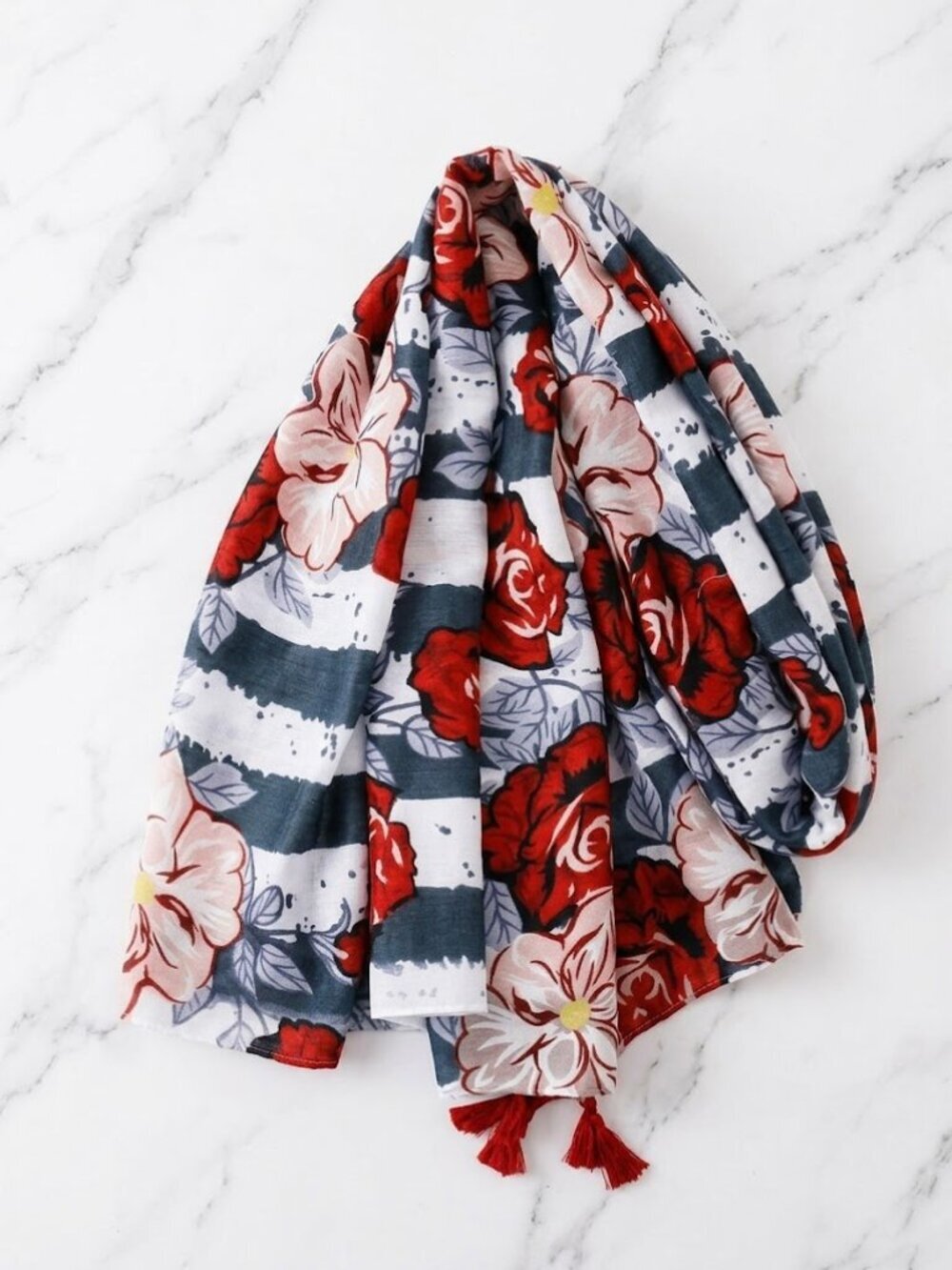 Ladies Blue Stripe Floral Scarf